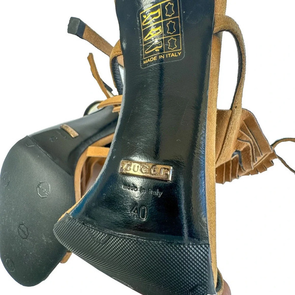 Gucci Becky Suede Fringe Camelia color Gladiator Sandal Heels 40/ US 10 - Picture 16 of 16